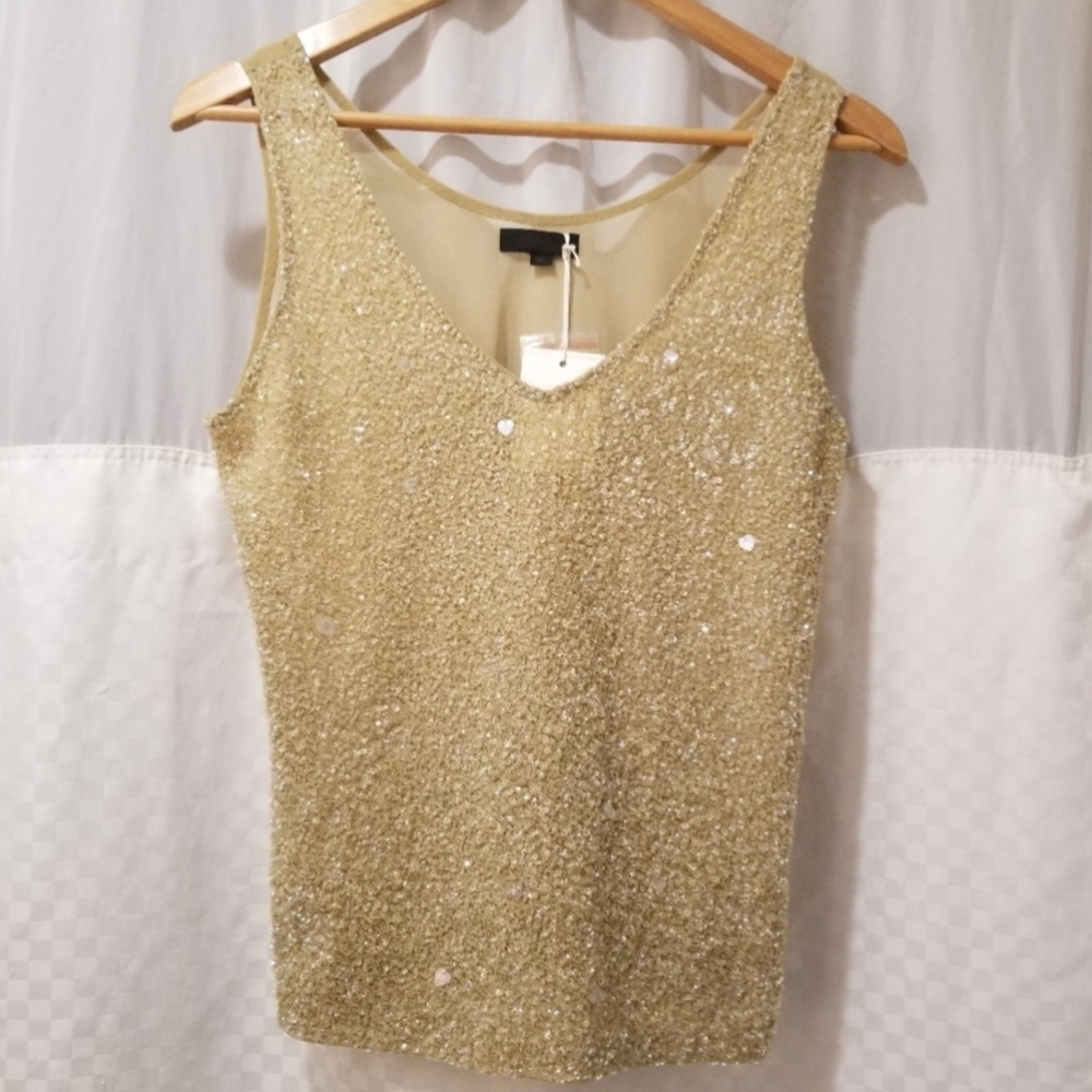Votre Nom Sequined Sheer Mesh Tank Top, Medium, Nude, NWOT